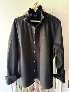Up-cycled Chaps Black Ruffle Collar Button-Down Long Sleeve Shirt